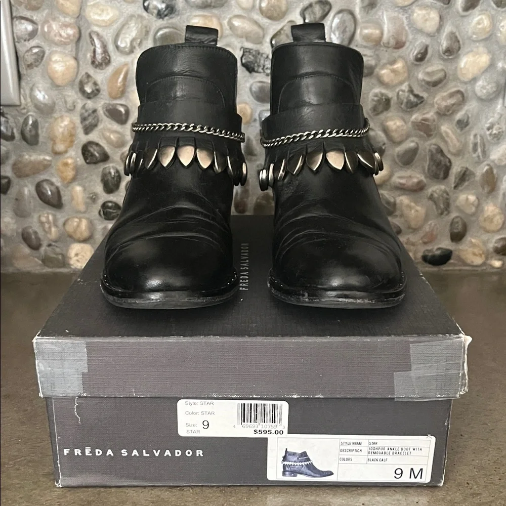 Freda Salvador Black Leather Ankle Boots with Silver Chain & Teardrop Accents - Picture 3 of 6